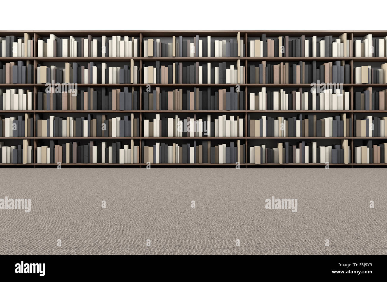 A direct top view of a row of a library bookshelf in a carpeted aisle ...