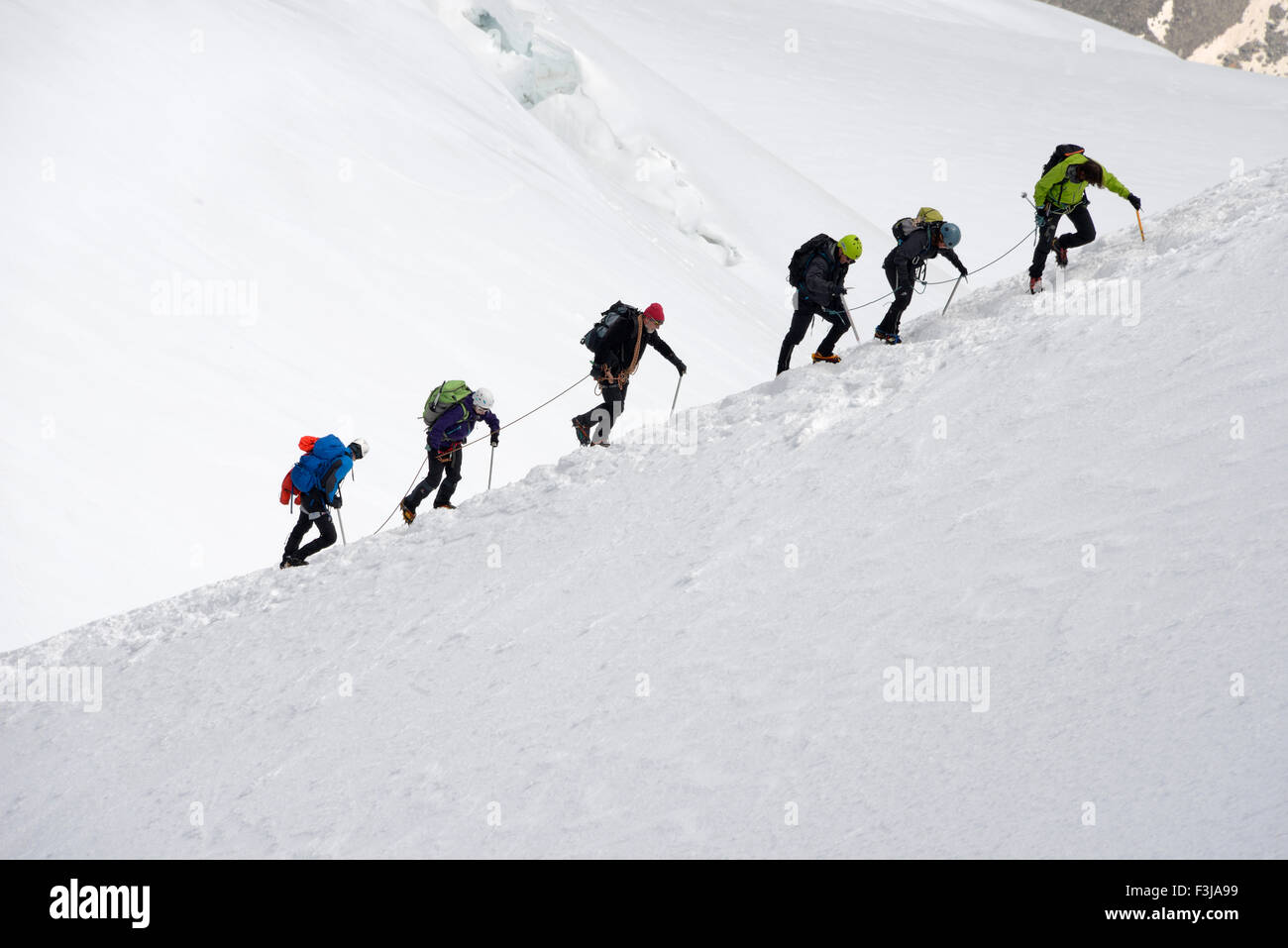 Mountainers, climbers hiking on a snowy ridge, Aiguille du Midi, Mont Blanc Massif, Chamonix, French Alps, Haute Savoie, France, Stock Photo