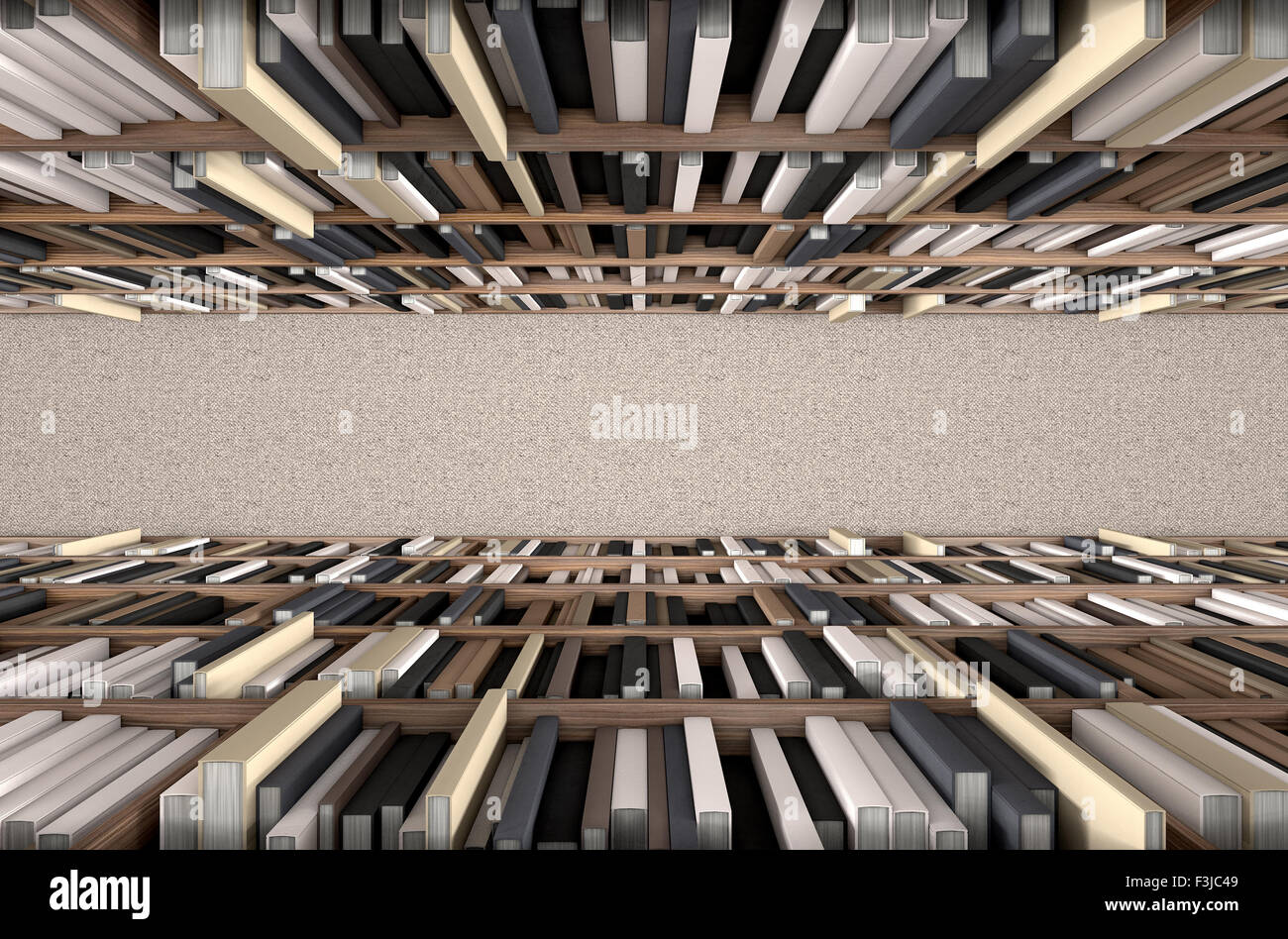A direct top view of a row of a library bookshelf in a carpeted aisle