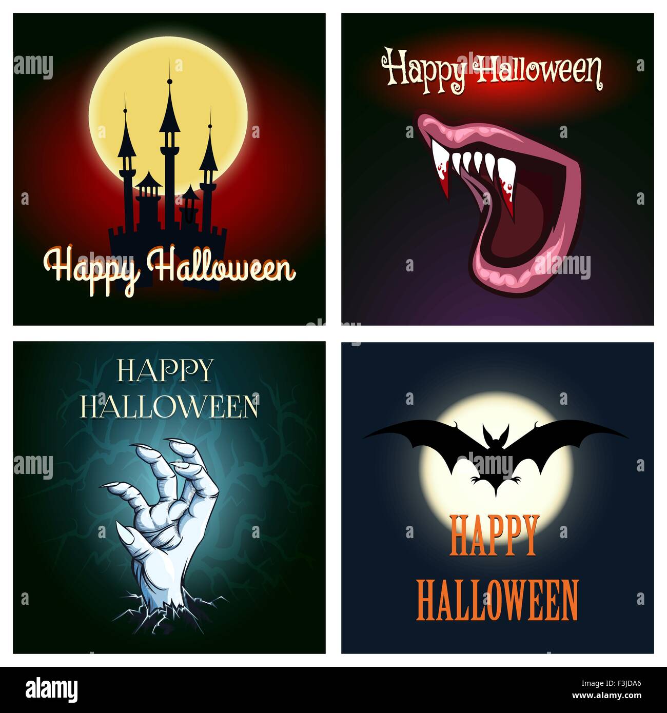 Happy Halloween Card Set Flying Bat Deadman Hand Vampire Teeth And Dracula Castle With Halloween Wording Free Font Used Stock Vector Image Art Alamy