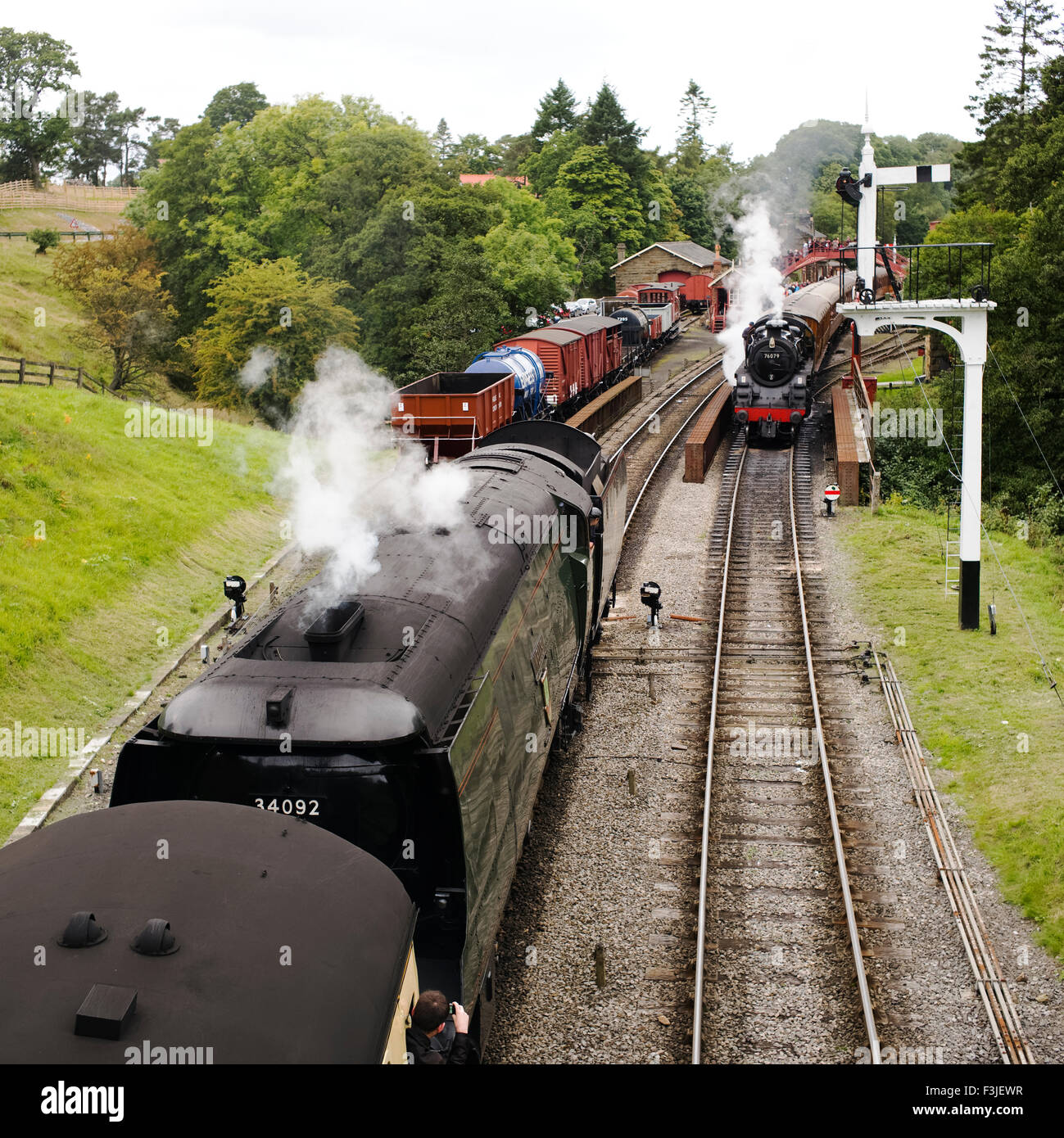 Passing steam traffic at Goathland station, North York Moors, Yorkshire, England, UK Stock Photo