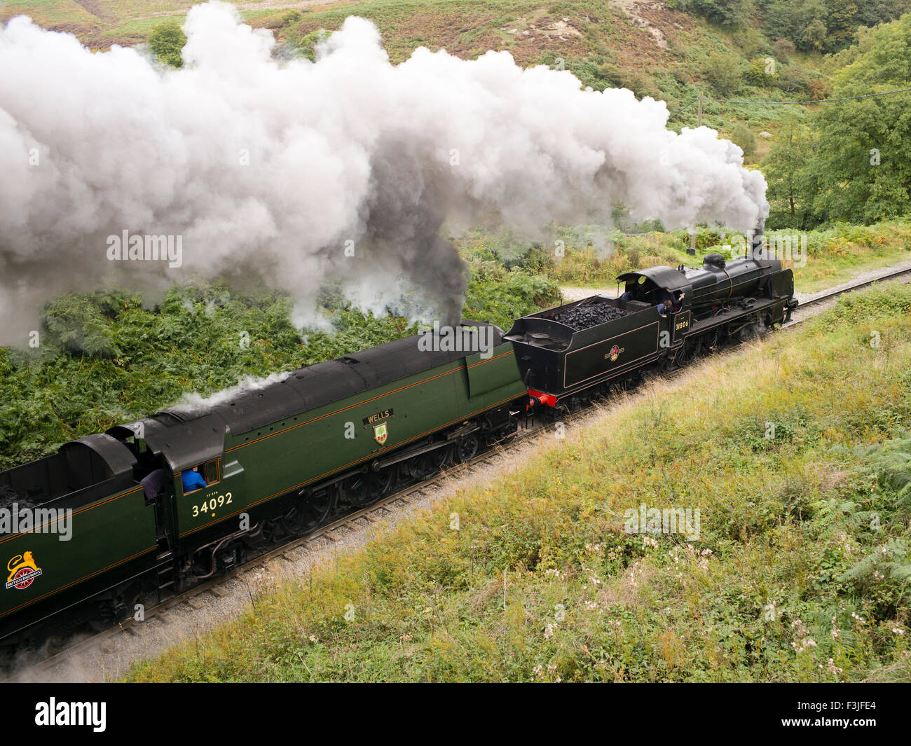 A double-header en route to Goathland Station, North York Moors, Yorkshire, England, UK Stock Photo