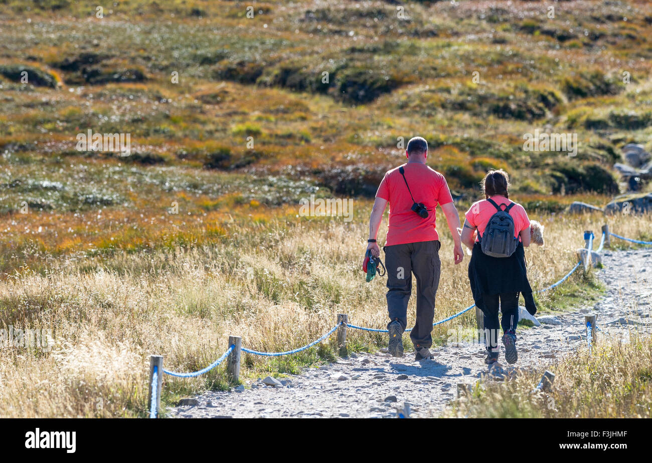 Walkers making their way along the paths at the summit of Aonach Mor, Ben Nevis, Scotland. Stock Photo