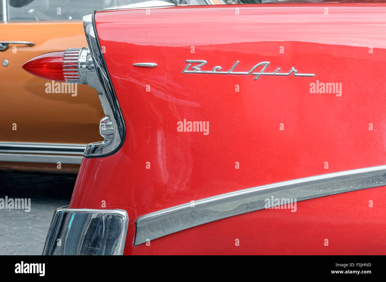 Meeting of classic american cars. Rear headlight of Chevrolet Bel Air, of 1957. Stock Photo