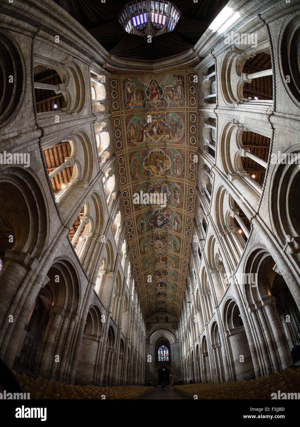 A fisheye lens view of the nave of Ely Cathedral in Cambridgeshire