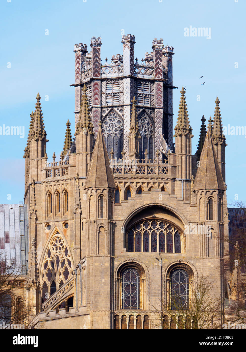 The famous lantern on top of the Octagon of Ely Cathedral in Cambridgeshire, England, UK. Viewed from the south with a blue sky. Stock Photo