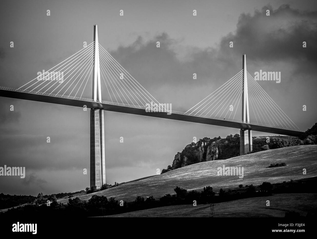 Two towers and the road deck of the Millau Viaduct in Millau, Averyron, France. The highest bridge in the world. Stock Photo