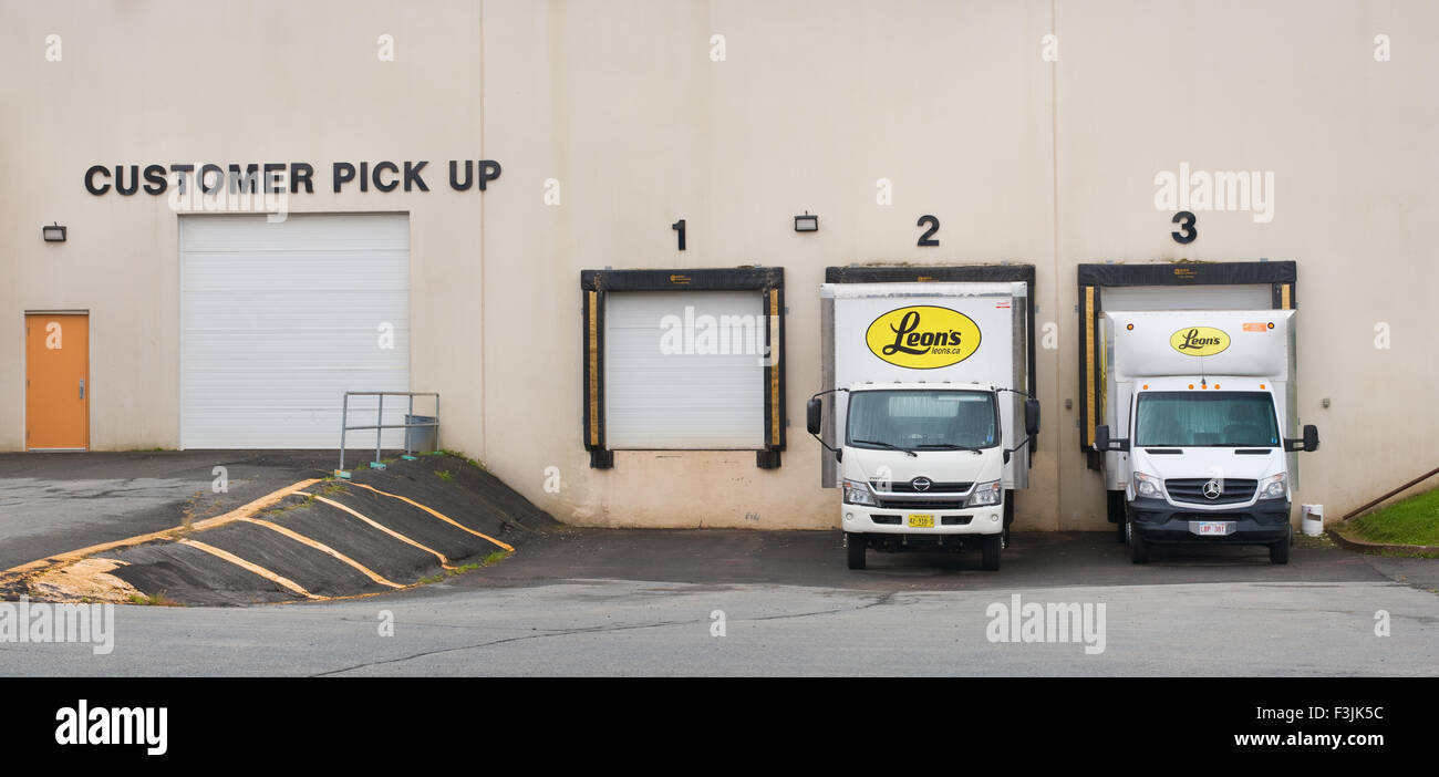 TRURO, CANADA SEPTEMBER 20, 2015 Leon's delivery trucks parked at