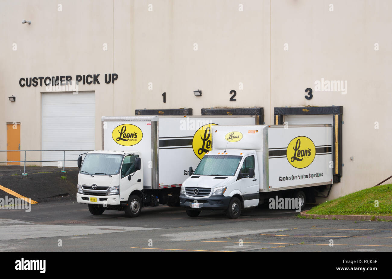TRURO, CANADA SEPTEMBER 20, 2015 Leon's delivery trucks parked at