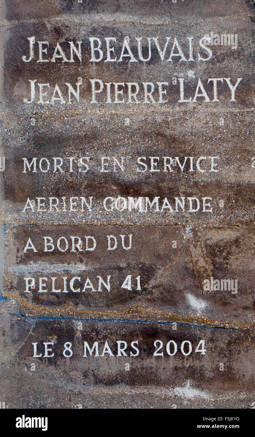 A memorial tablet to two water bomber fire fighters, Jean Beauvais and Jean-Pierre Laty, who died in 2004. Stock Photo