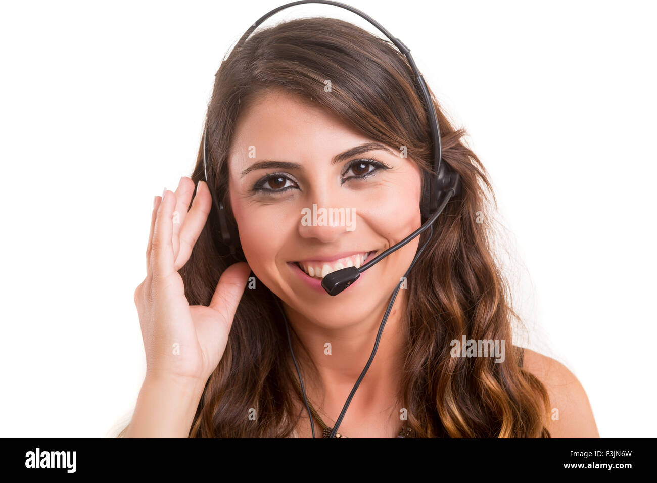 A friendly telephone operator smiling isolated over a white background