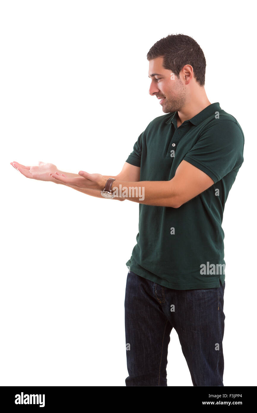 Young man presenting your product, isolated over a white background Stock Photo