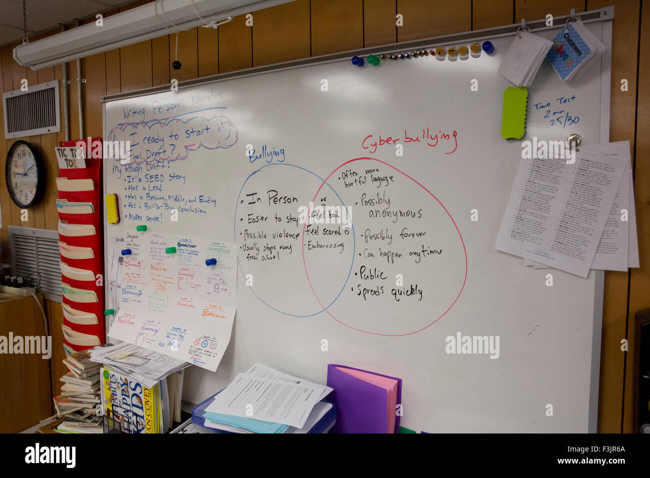 Whiteboard in 4th grade elementary school classroom in Texas with a venn diagram with information on bullying and cyberbullying Stock Photo