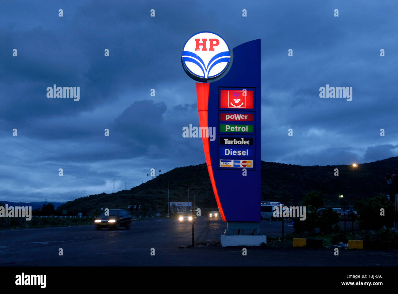 llluminated sign of Petrol Pump of Hindustan Petroleum at Mumbai Pune