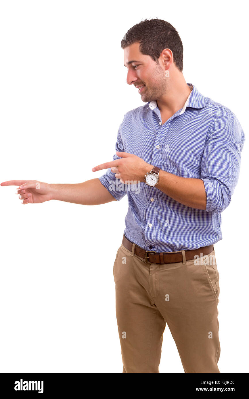 Young man presenting your product, isolated over a white background Stock Photo