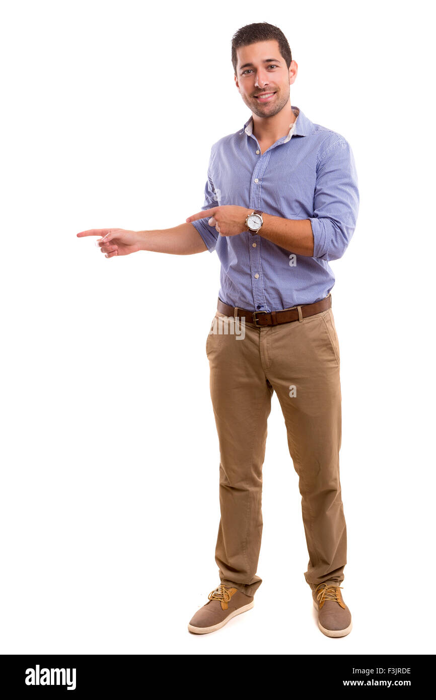 Young man presenting your product, isolated over a white background Stock Photo