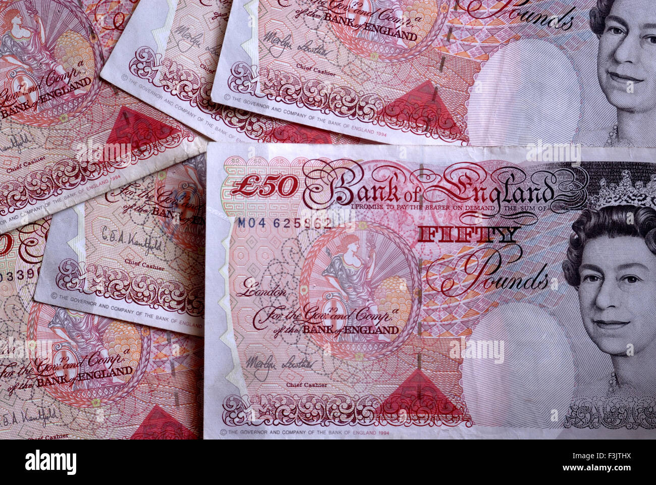 Fifty Pounds notes of Bank of England ; Currency of a country England Stock Photo