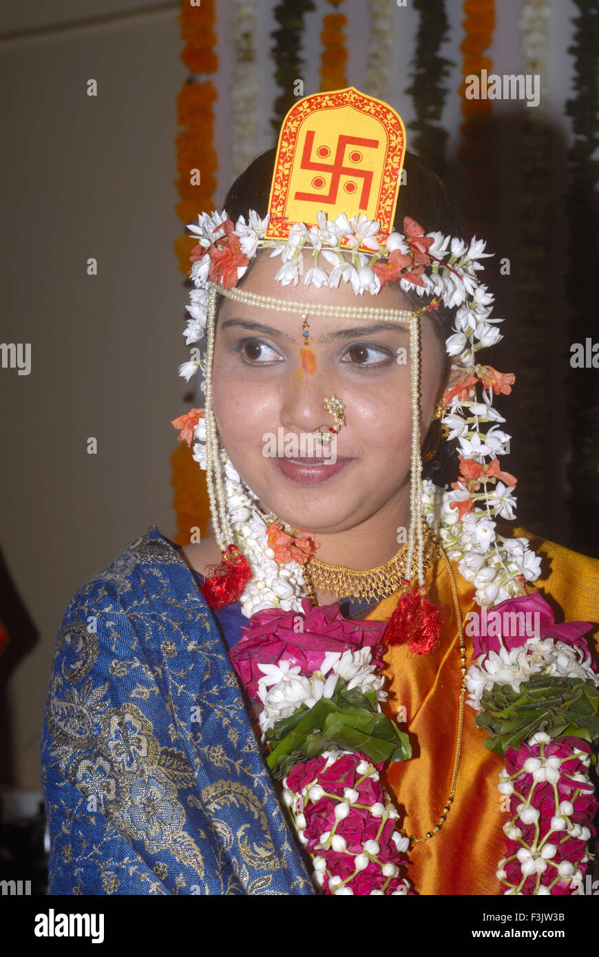 indian bride ornament wedding ceremony in Hindu religion at Borivali Mumbai Bombay Maharashtra India   Model Released Stock Photo