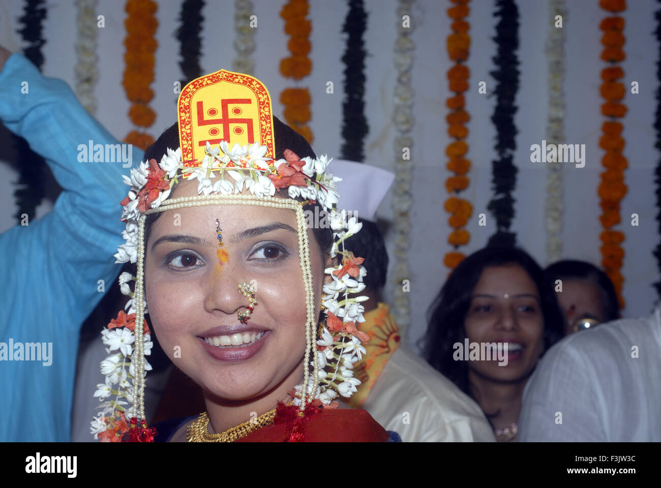 indian bride happy wedding ceremony in Hindu religion at Borivali Mumbai Bombay Maharashtra India   Model Released Stock Photo