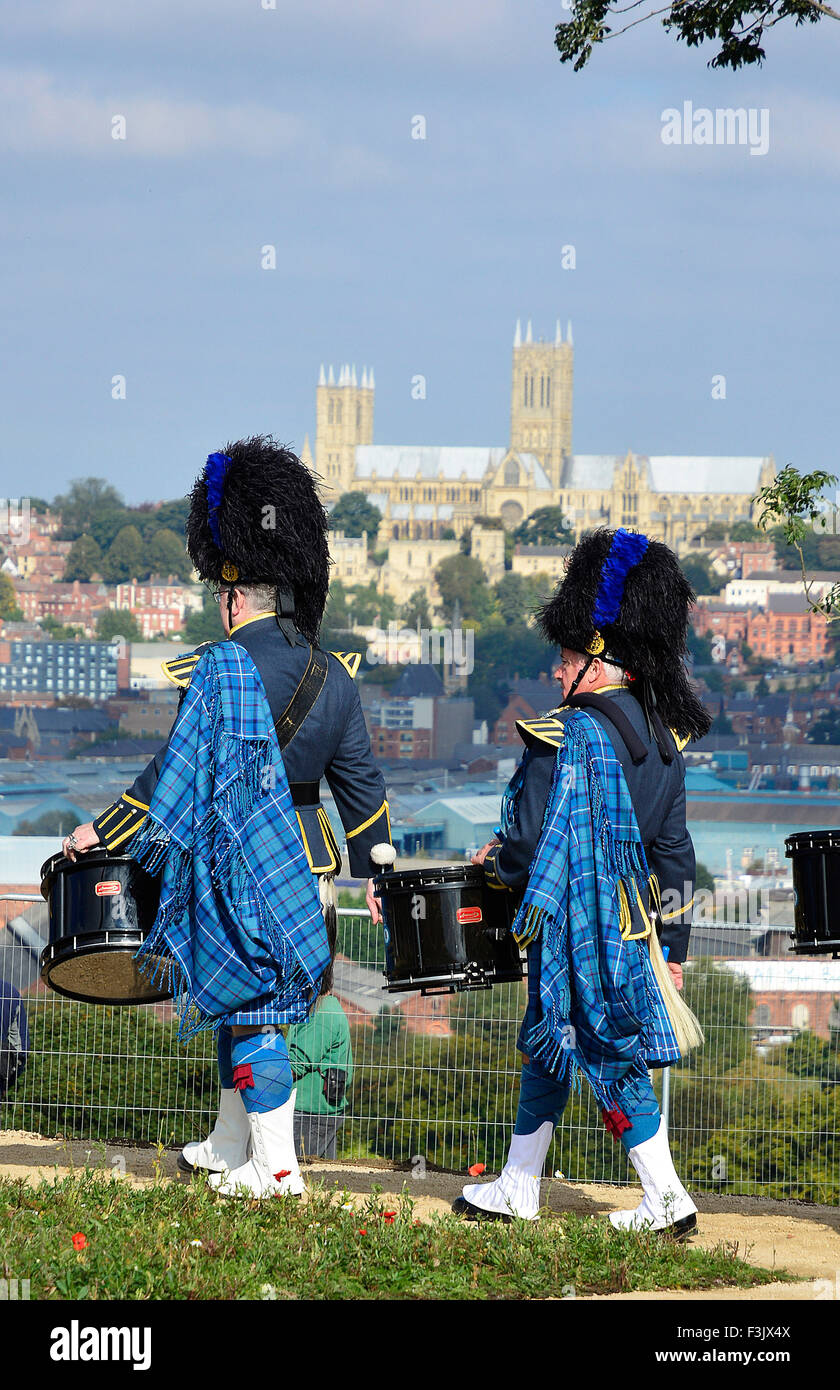 RAF Waddington Pipes & Drums at The International Bomber Command Centre's Memorial Spire, unveiled at Canwick Hill, Lincoln, 2nd October, 2015. Stock Photo