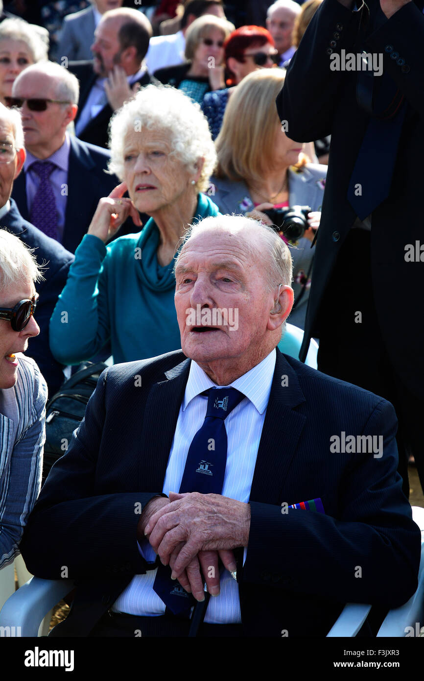 Former 'Dambuster' Johnny Johnson,(93), at The International Bomber Command Centre's Memorial Spire,unveiled at Canwick Hill, Lincoln. Stock Photo