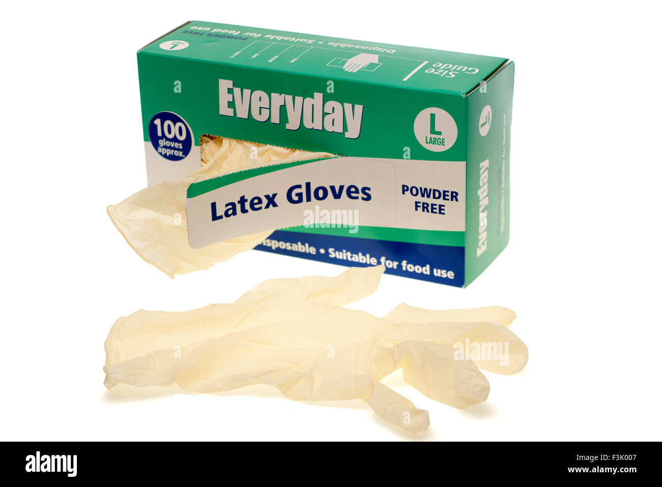 Box of 100 Everdayday powder free disposable large latex gloves Stock Photo