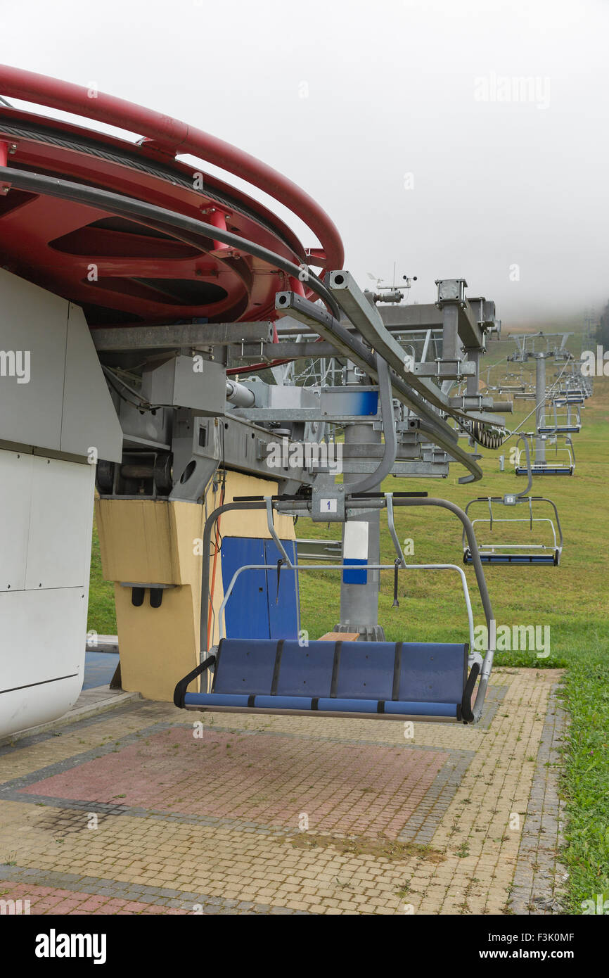 skiing lift mechanism in the fall preparing for winter season Stock Photo
