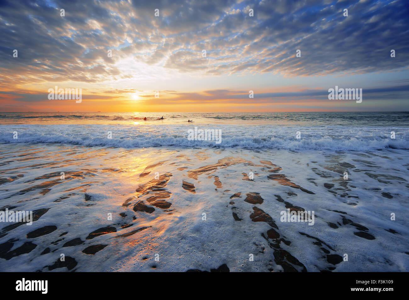 beach shore at the sunset with some surfers Stock Photo - Alamy