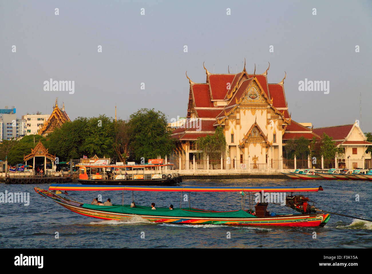 Thailand, Bangkok, Chao Phraya River, long tail boat, Wat Rakhang Temple, Stock Photo