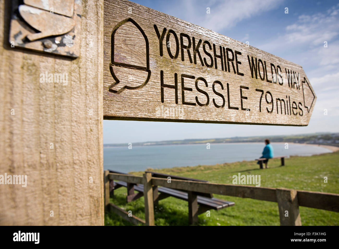 UK, England, Yorkshire East Riding, Filey Brigg, Wolds Way signpost on Carr Naxe Stock Photo