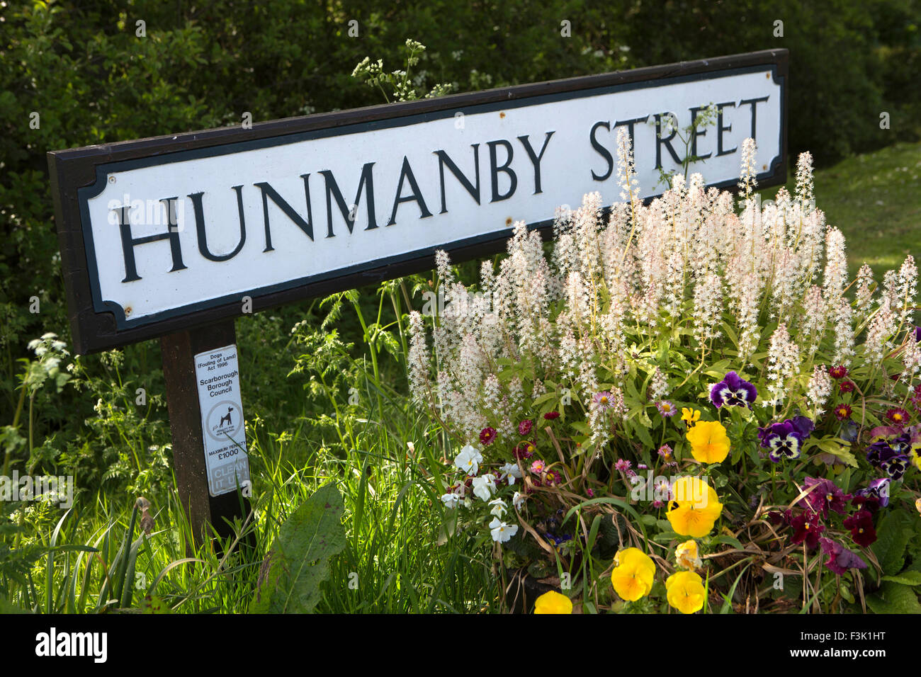 UK, England, Yorkshire East Riding, Muston, floral planting by Hunmanby Street sign Stock Photo