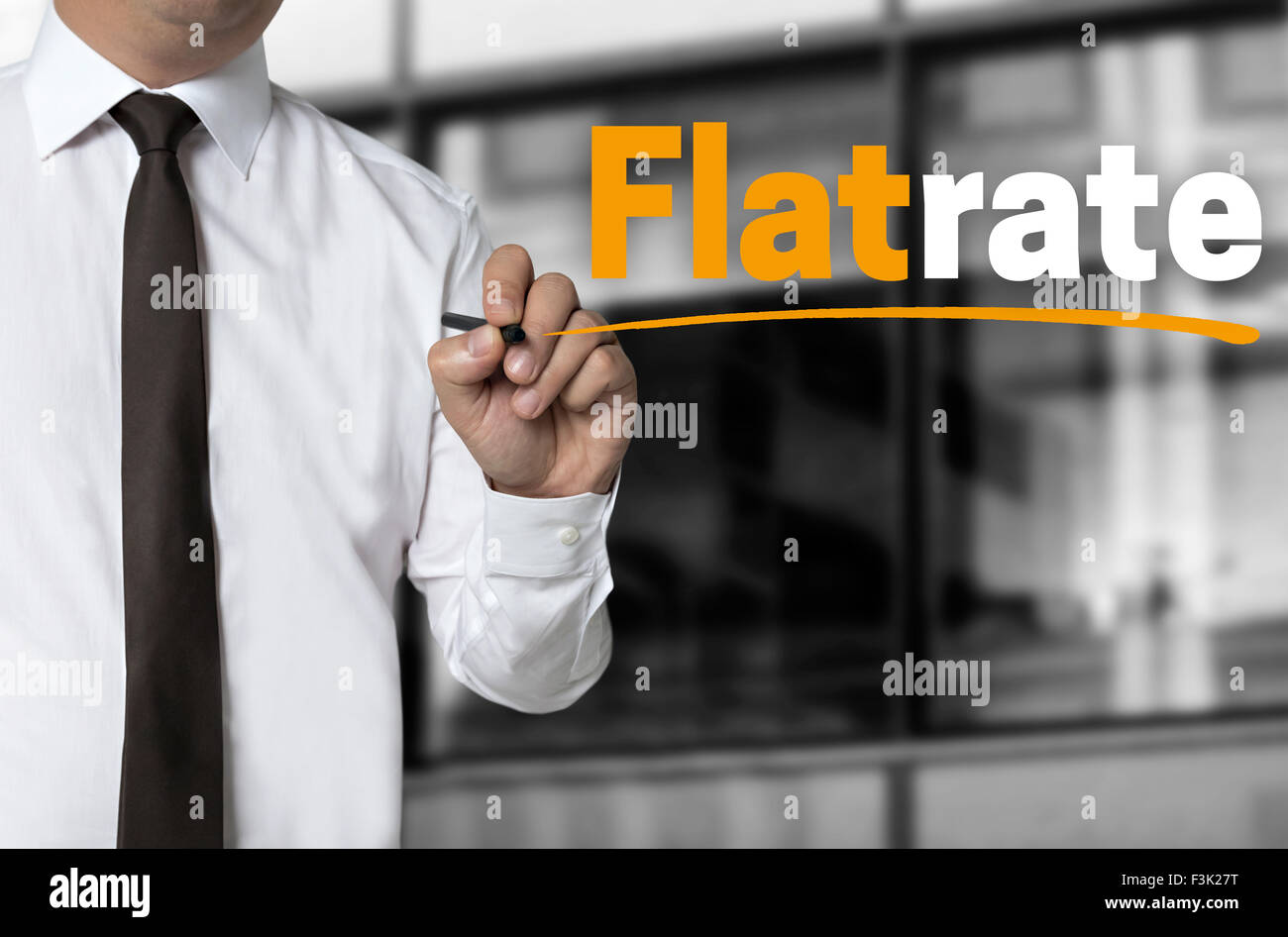 Flatrate is written by businessman background concept. Stock Photo