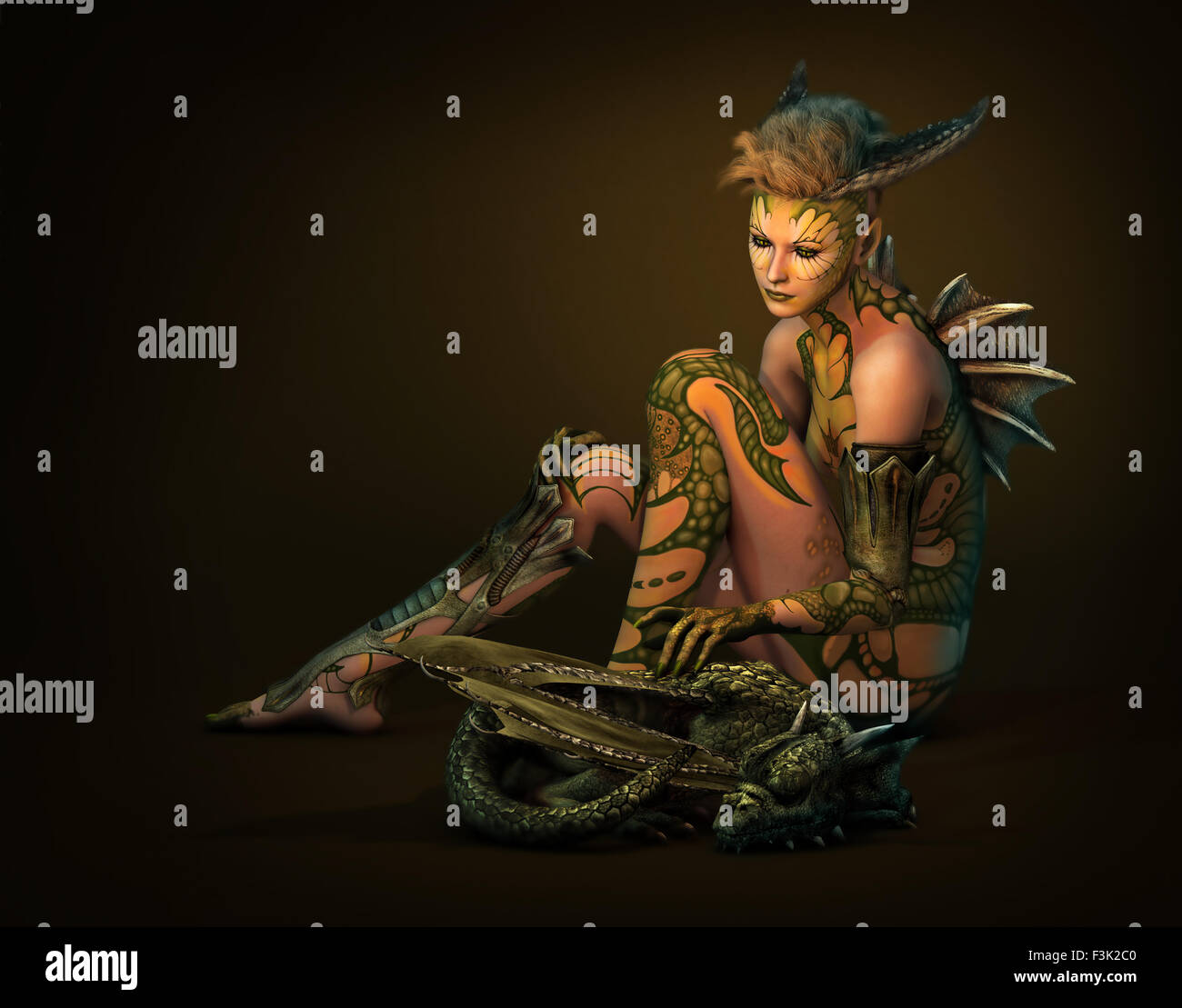 3d computer graphics of a young lady with dragon skin tattoo and dragon baby Stock Photo