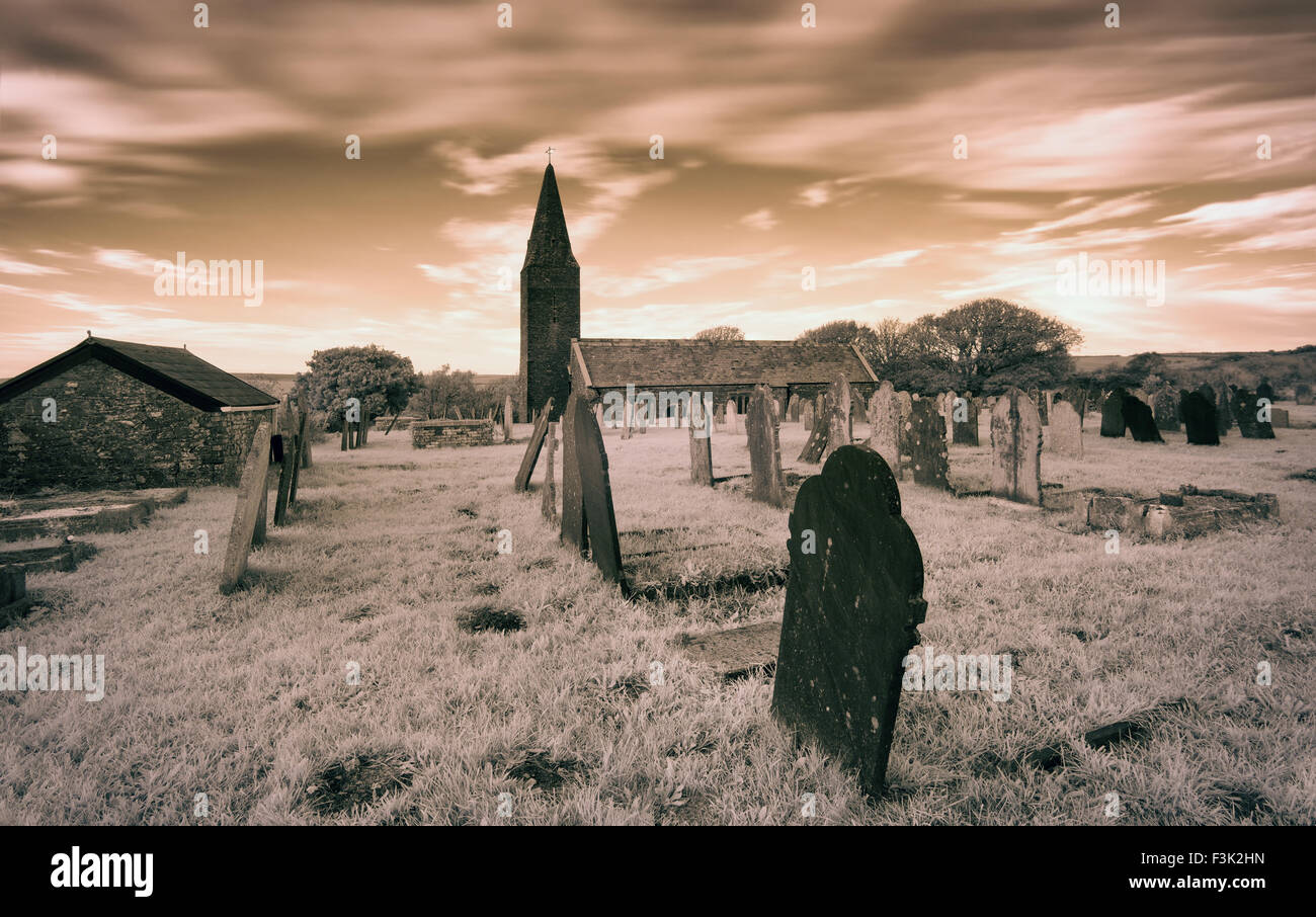 An infrared photo of a churchyard on the Rame peninsula in Cornwall Stock Photo