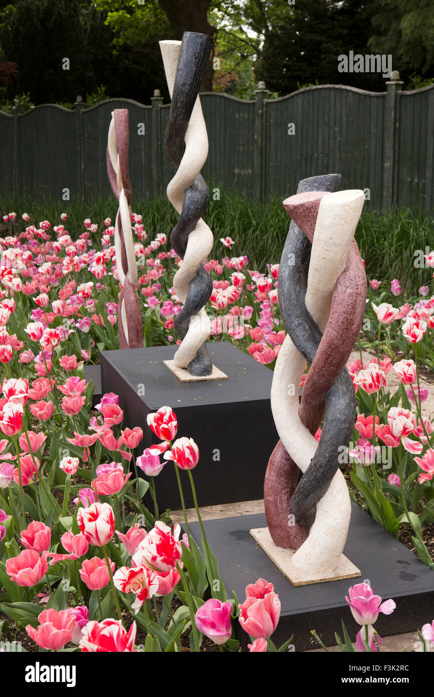 UK, England, Yorkshire East Riding, Pocklington, Burnby Hall Gardens, sculpture amongst red and white tulips Stock Photo
