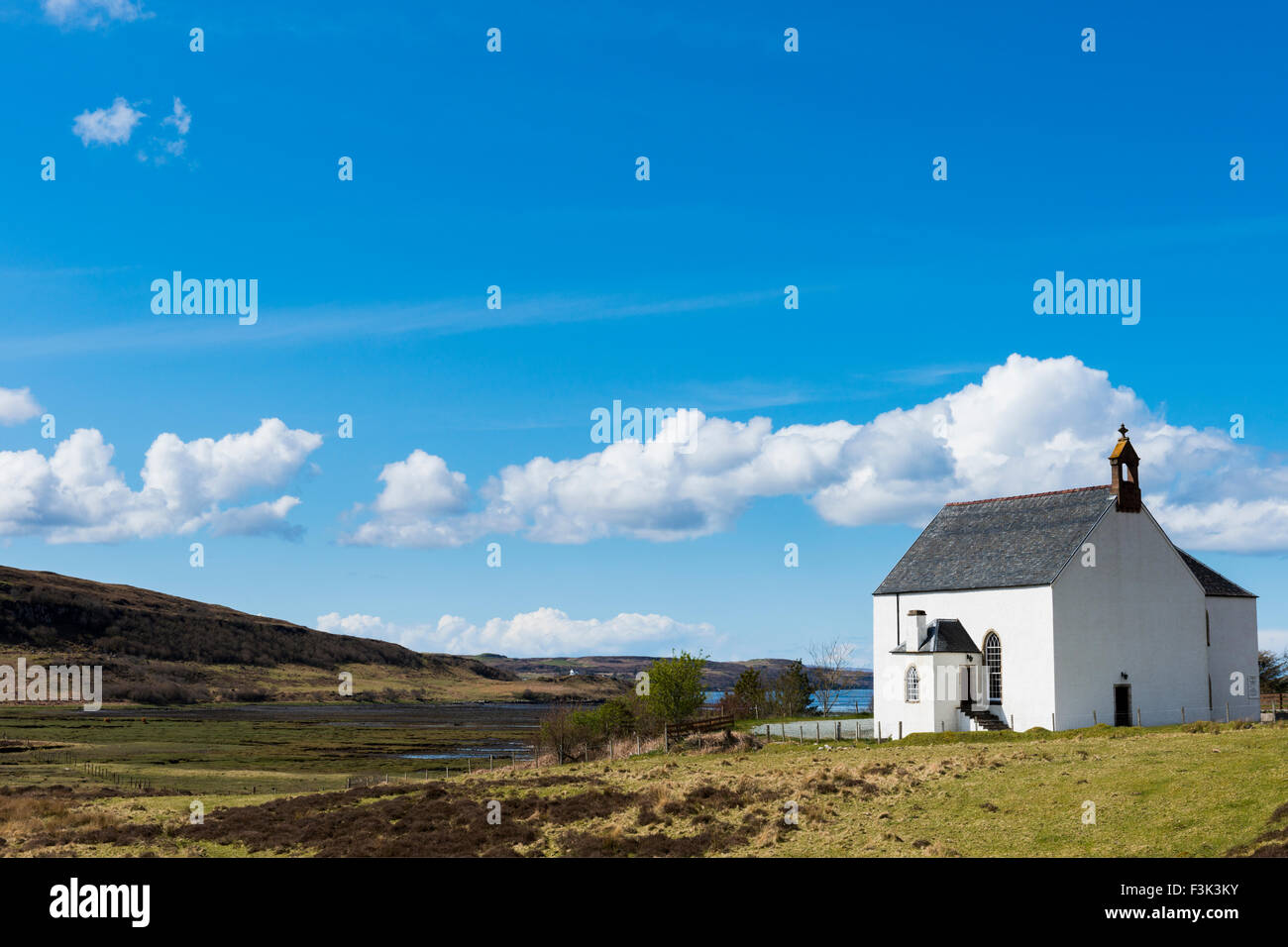 White Church Kensaleyrel in Scotland with blue sky , Isle of Skye. Stock Photo