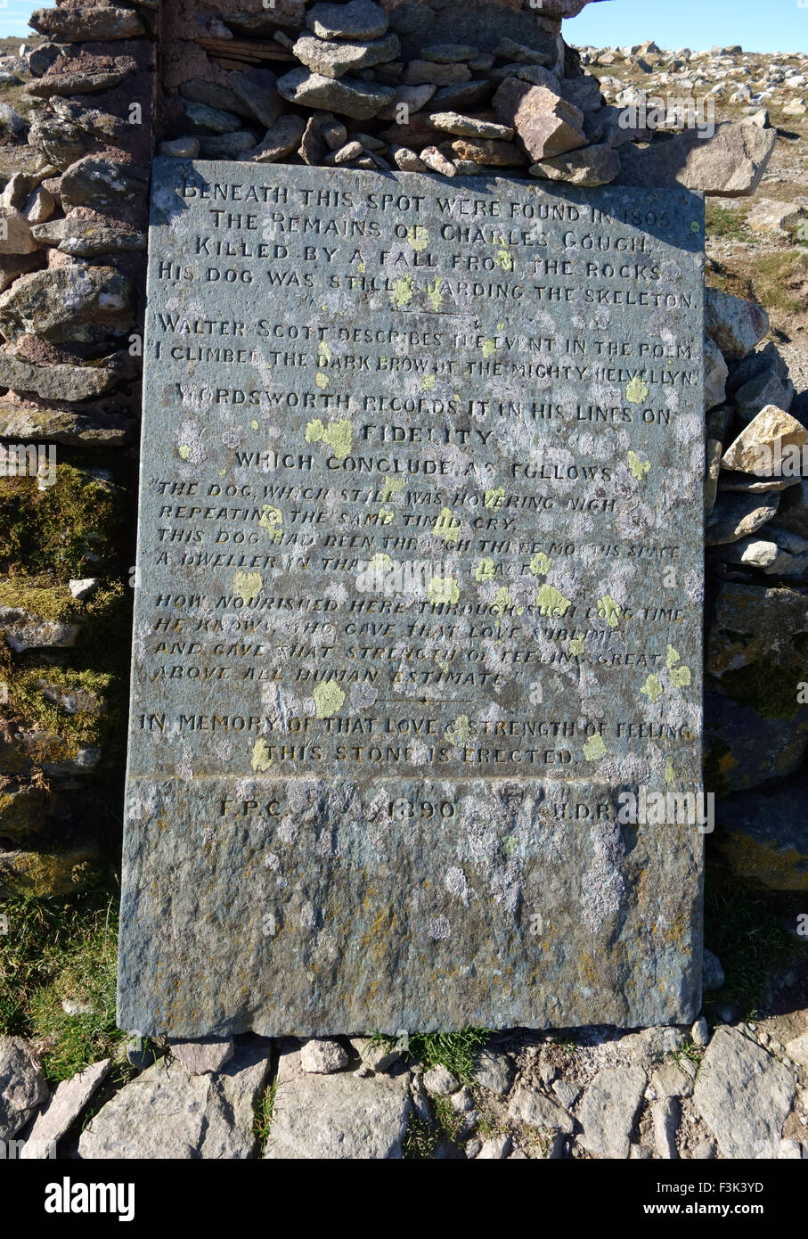 Famous memorial stone on the top of Helvellyn Stock Photo