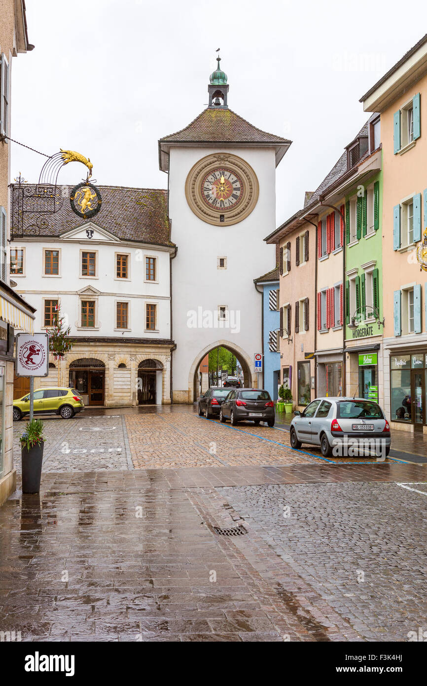 Clock Tower at Laufen, Canton Basel-Landschaft, Switzerland, Europe. Stock Photo