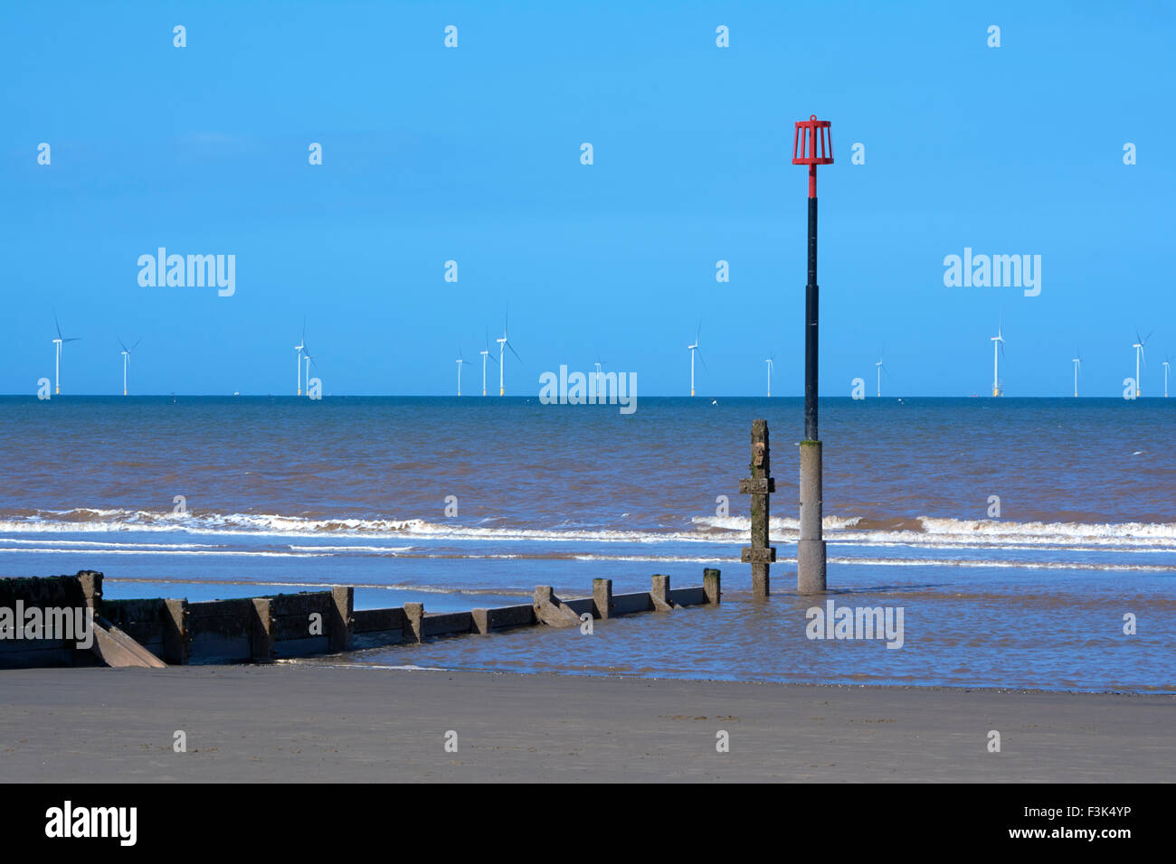 Withersea Seafront looking out towards the Westermost Rough Offshore Windfarm - Yorkshire, England, UK Stock Photo
