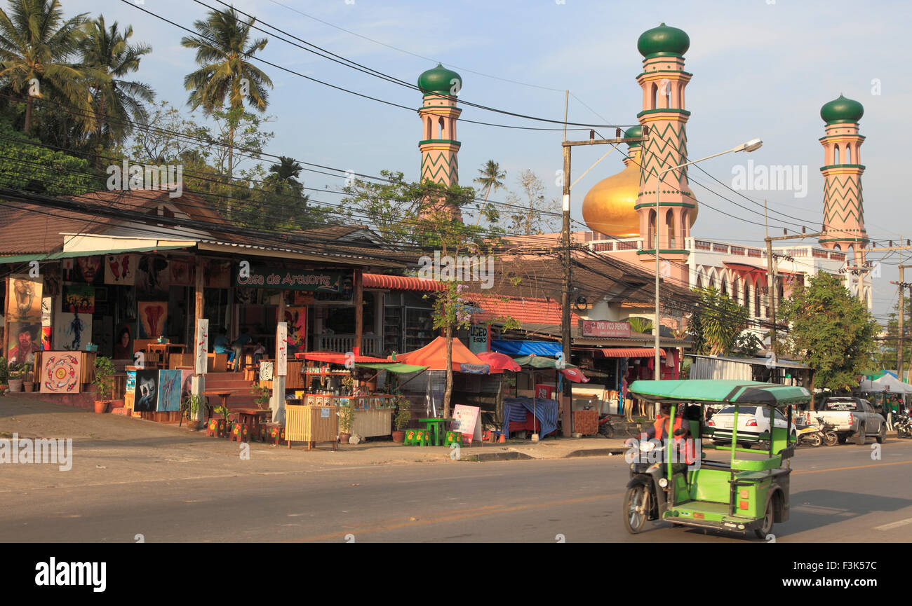 Thailand, Krabi, Ao Nang, mosque, street scene, shops, Stock Photo