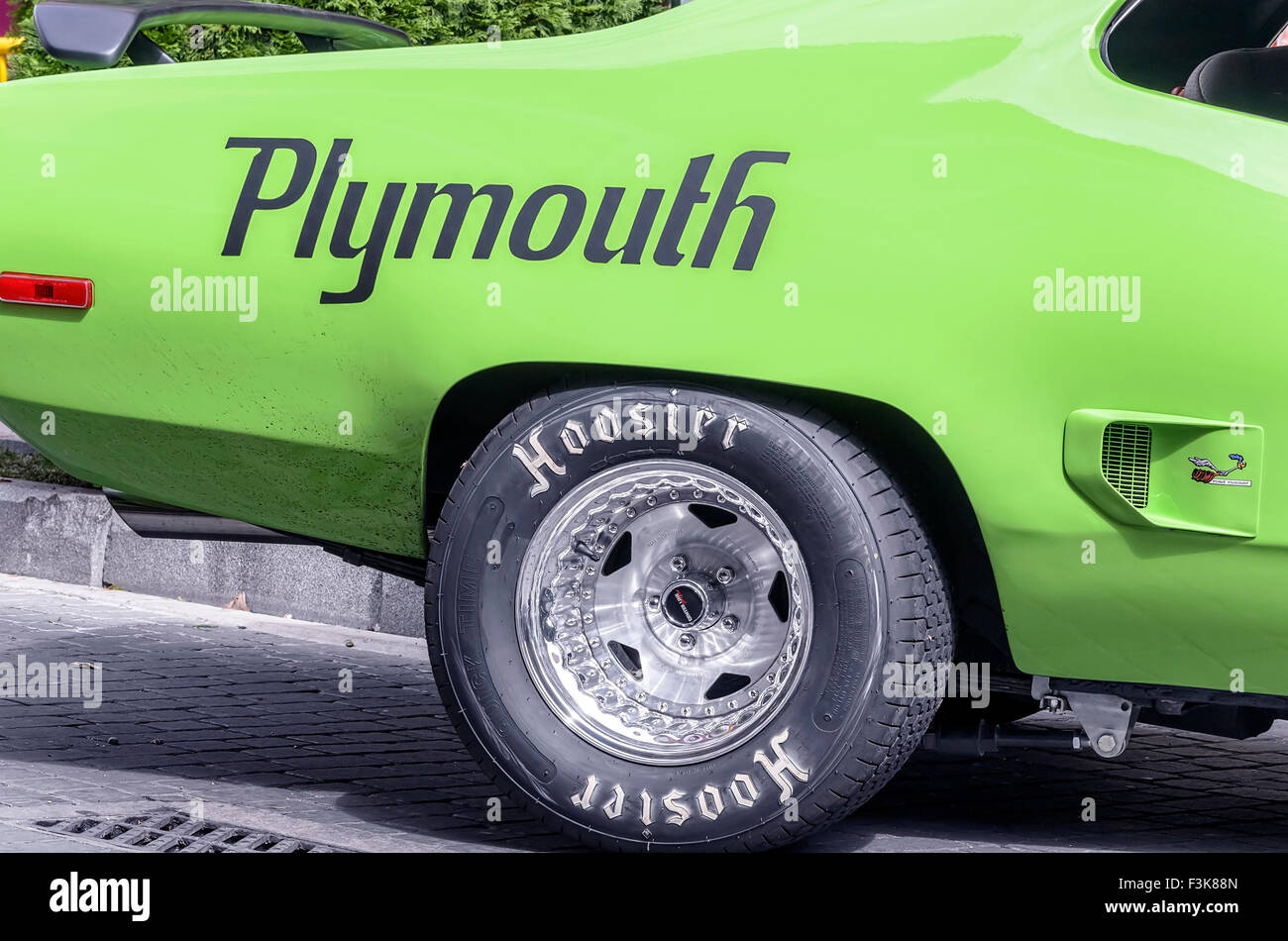 Meeting Of Classic American Cars Rear Lateral Of Green Car Plymouth Road Runner 440 Of 1971 Stock Photo Alamy