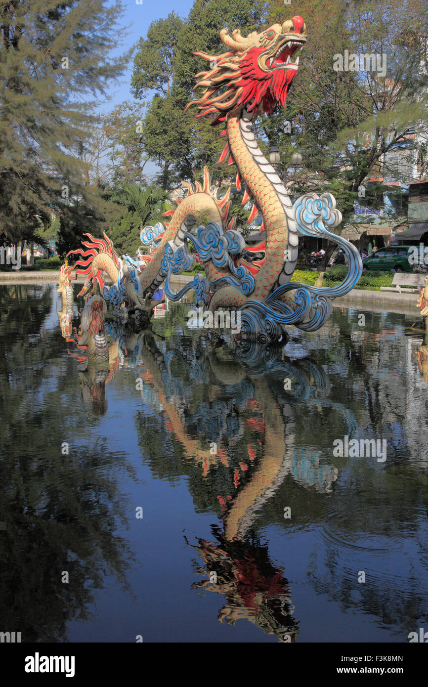 Vietnam, Ho Chi Minh City, Cholon, dragon statue, fountain, park, Stock Photo