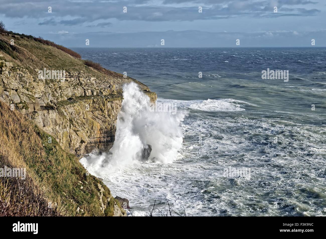 Rough seas on coastline at Durlston Head near Swanage Dorset UK Stock Photo