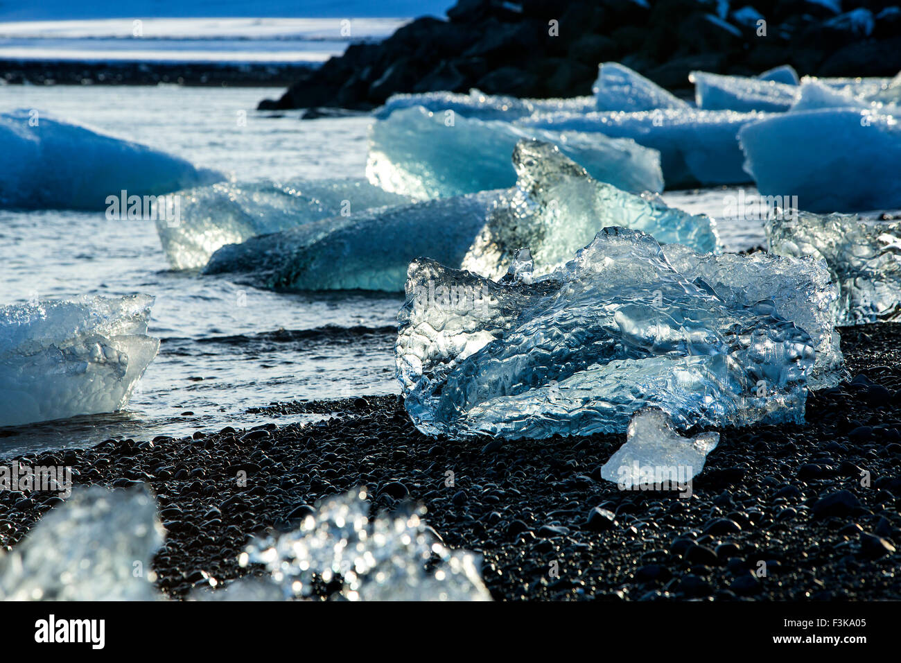 Ice blocks at glacier lagoon Jokulsarlon in Iceland, wintertime Stock Photo