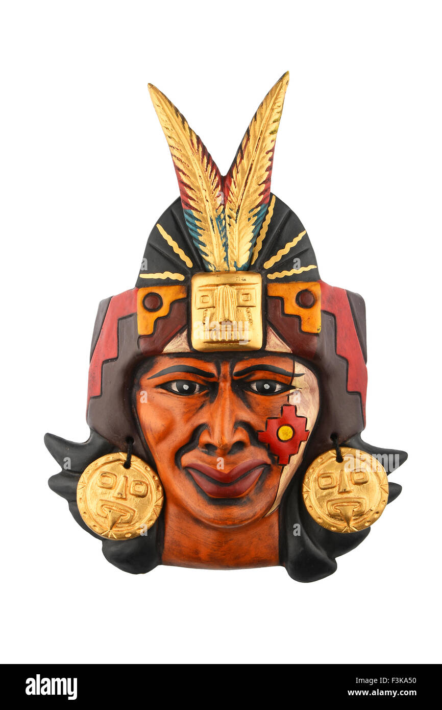 Indian Mayan Aztec ceramic painted mask with feather isolated on white Stock Photo