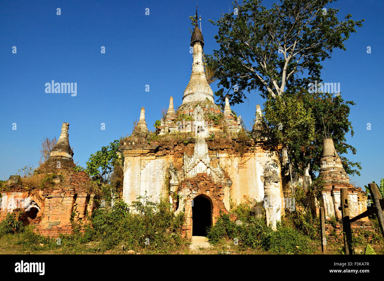 Unrestored pagoda lost in vegetation at Sagar, south of Inle Lake, Shan State, Myanmar Stock Photo
