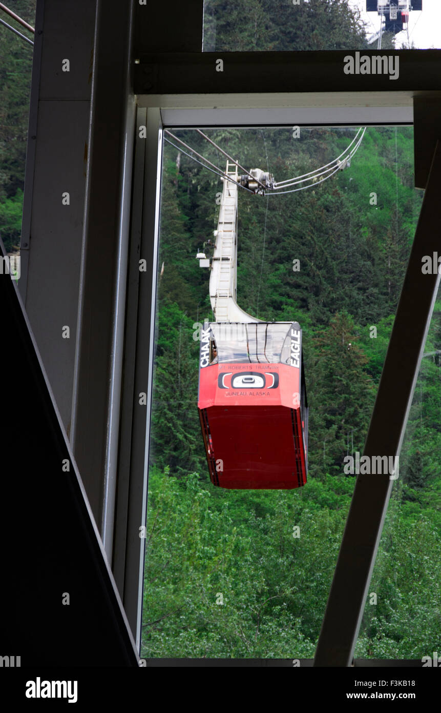 Mount Roberts aerial tramway car heading arriving at lower landing Stock Photo