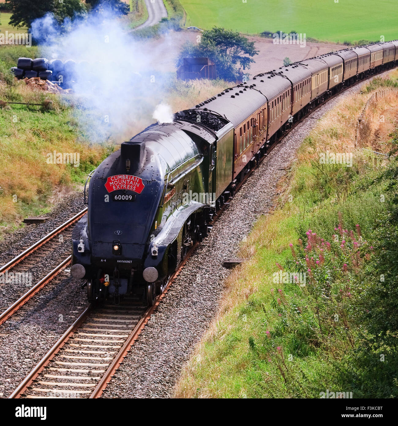 Preserved Sir Nigel Gresley steam locomotive Union of South Africa is pictured south of Langwathby, England.. Stock Photo