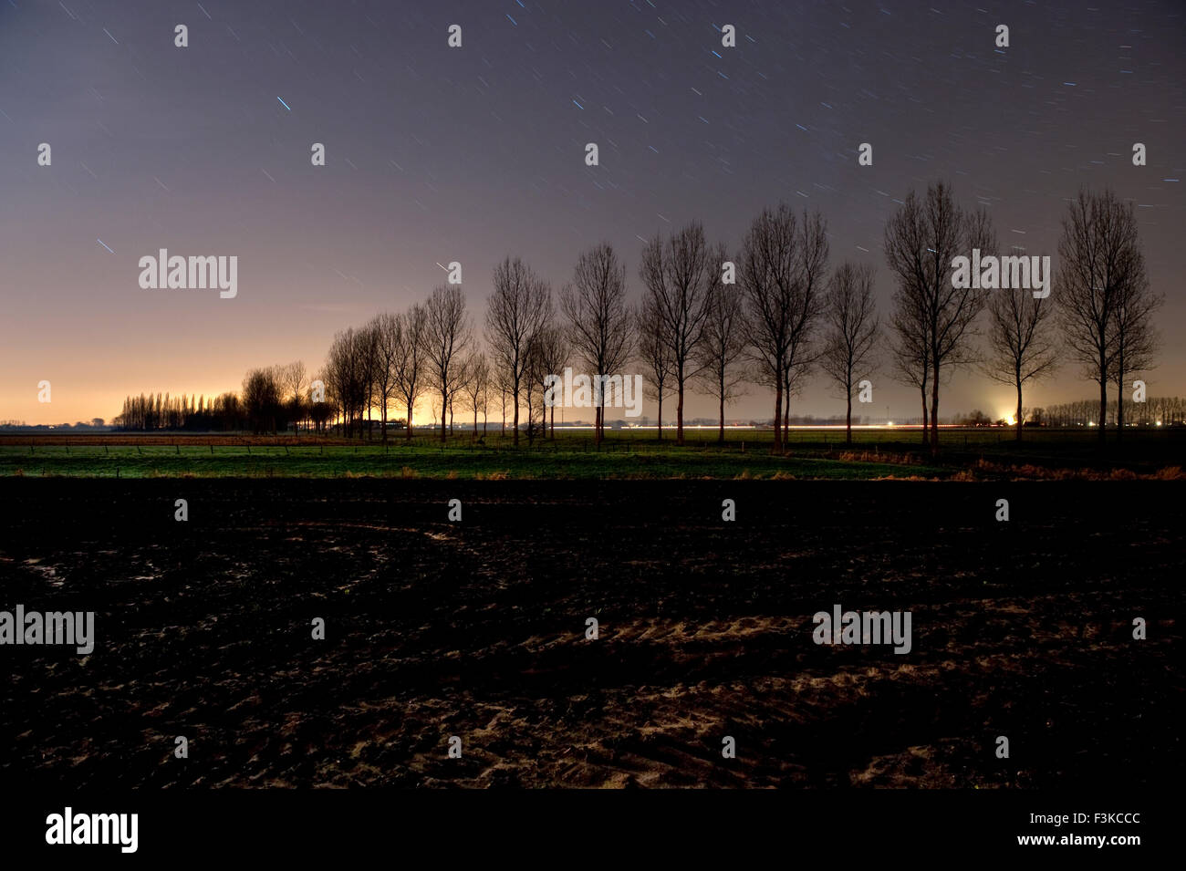 Nocturnal moonlit landscape at Meetjesland Stock Photo