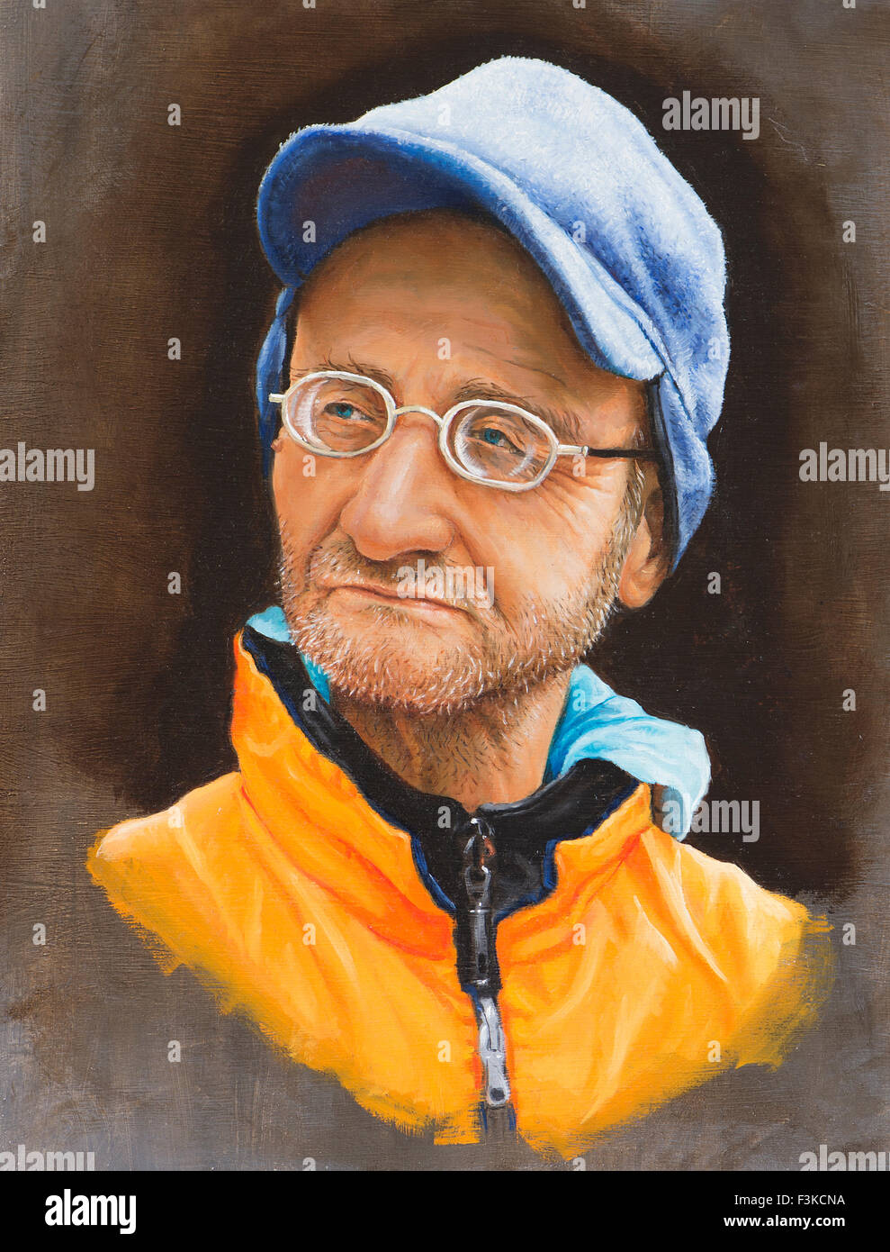 painting of a man with glasses and hat blue Stock Photo - Alamy